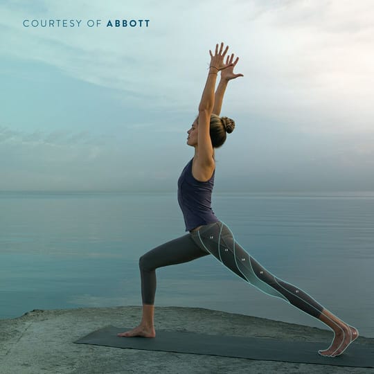 Lumbar and sacral dermatome bands from L2 to S1 mapped onto the leg of a person holding a yoga pose