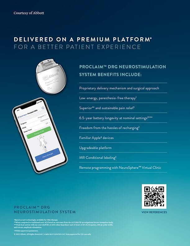 Abbott panel listing the benefits of the Proclaim DRG neurostimulation system alongside the device and its controller