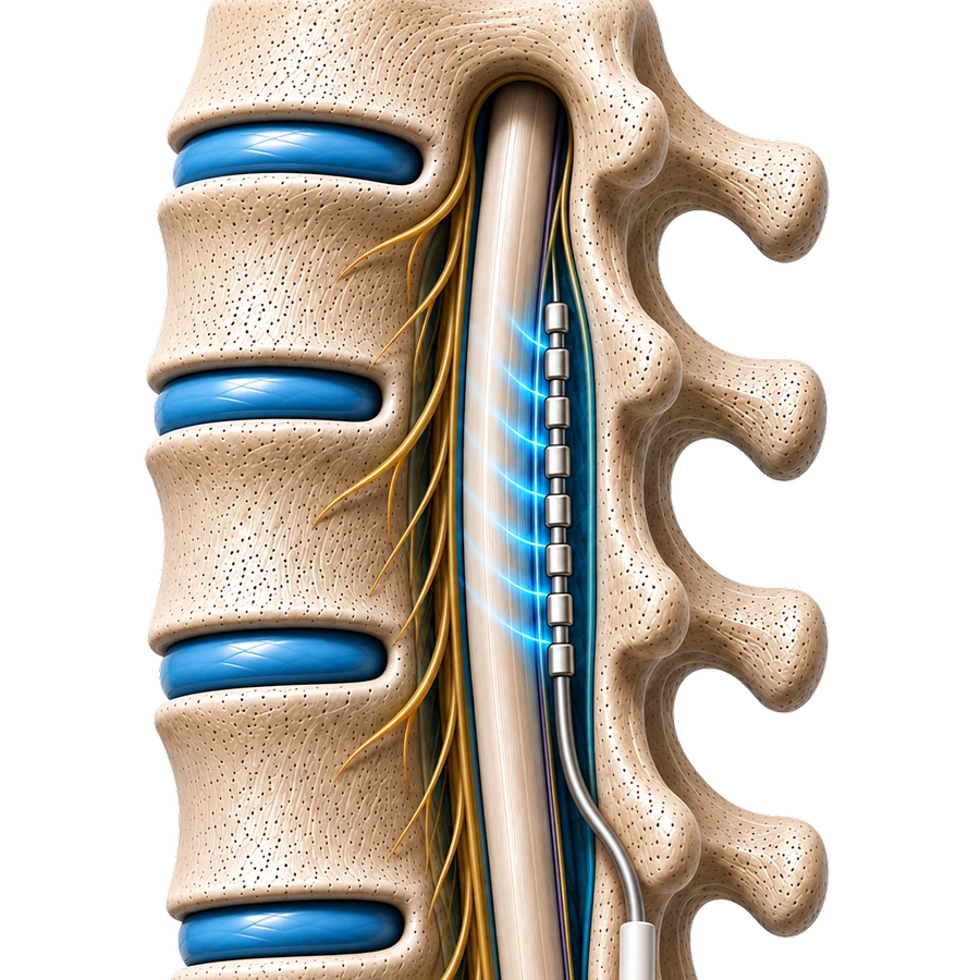 Spinal cord stimulator lead positioned beside the spinal cord and vertebrae