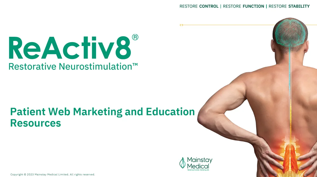 Mainstay Medical ReActiv8 restorative neurostimulation artwork showing the lumbar multifidus region
