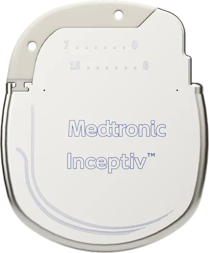 Front view of the Medtronic Inceptiv spinal cord stimulation generator