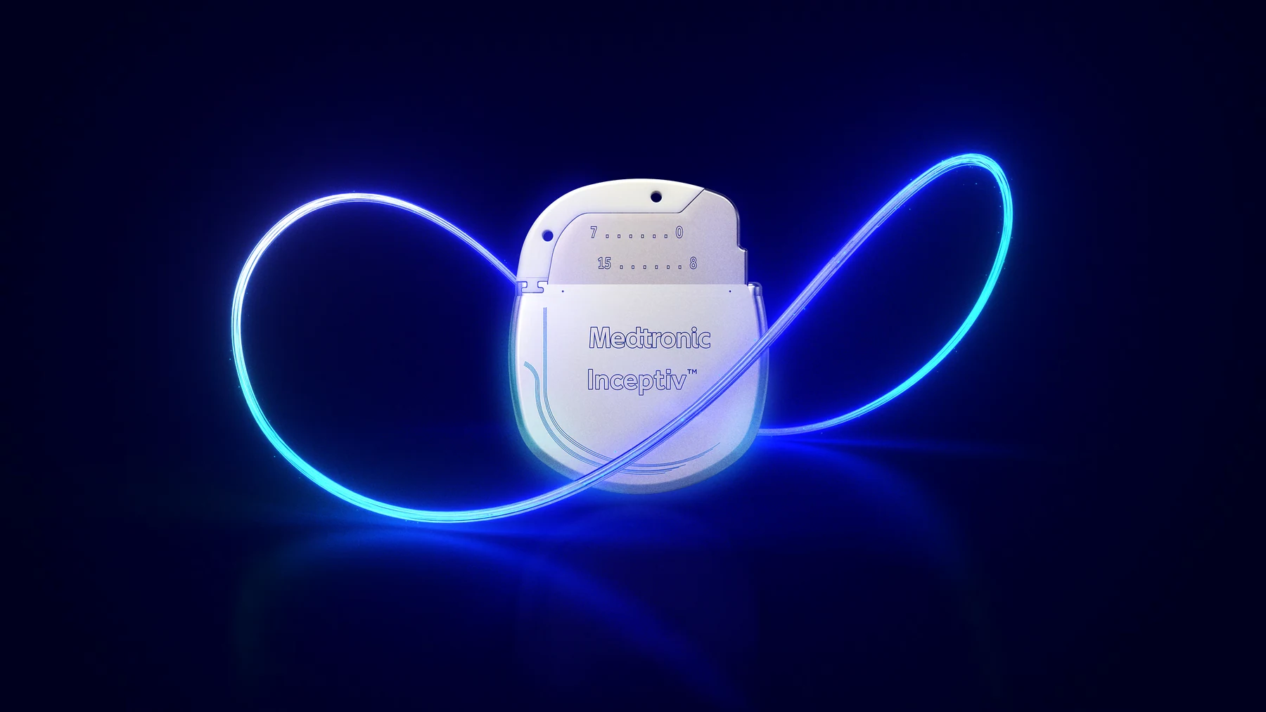 Medtronic Inceptiv generator surrounded by stylized blue signal artwork