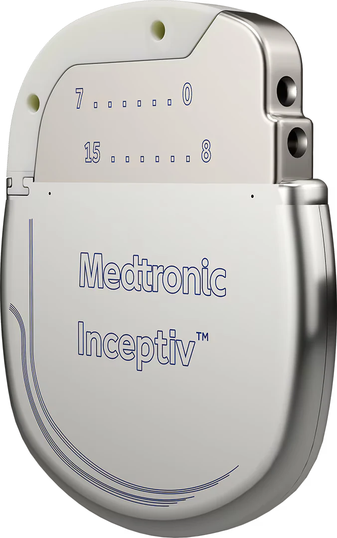 Angled view of the Medtronic Inceptiv spinal cord stimulation generator