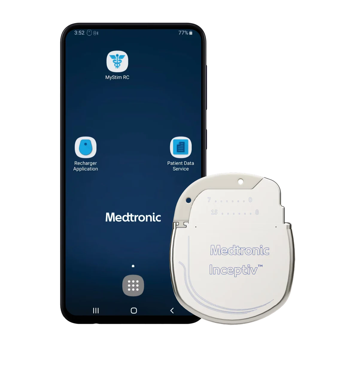 Medtronic Inceptiv generator beside a smartphone displaying patient control applications